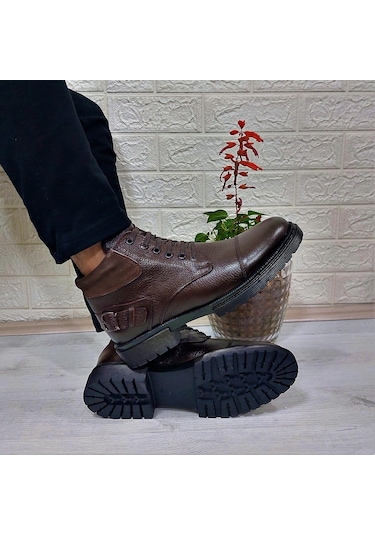 M.p 4201 Kahve Hakiki Deri Bağacaklı Fermuarlı Fuspetli Erkek Bot 001