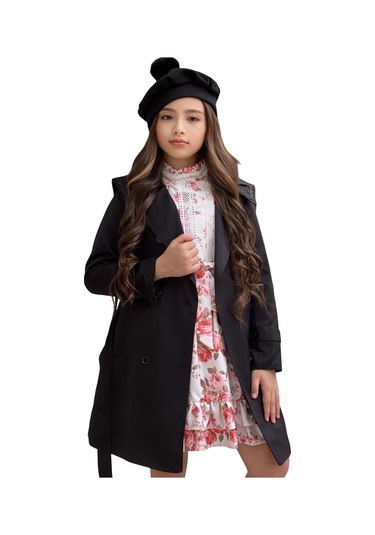 Riccotarz Kız Çocuk Üzeri Dantel İşlemeli Elbise Çift Cep Detaylı Kemerli Siyah Trençkot Siyah