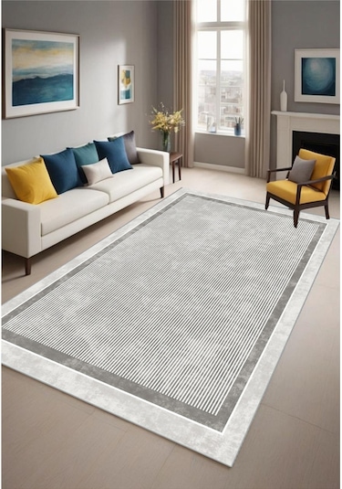 Gri Dijital Baskı Salon Halısı Kaymaz Tabanlı Yıkanabilir Halı Yolluk2 Gri