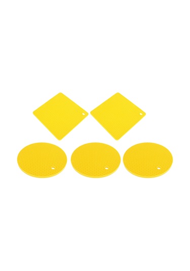 Shineyee 5 Adet Sarı Silikon Isı Direnci Yemek Tabağı Altı 3 Daire + 2 Kare - Ocak, Fırın, Mikrodalga Kullanıma Uygun, Mutfak Masası Koruyucu, 230 C'ye Kadar Dayanıklı