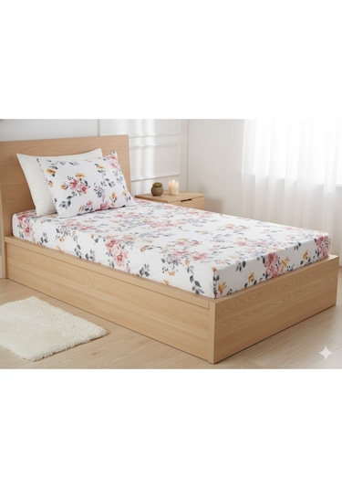 Makiteks %100 Pamuklu Çiçek Desenli 120x200+50x70 Cm Tek Kişilik Lastikli Çarşaf Takımı Çok Renkli