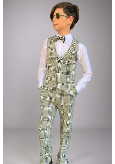 Riccotarz Erkek Çocuk Kare Desen Ve Şal Yaka Yelekli Yeşil Takım Elbise Yeşil