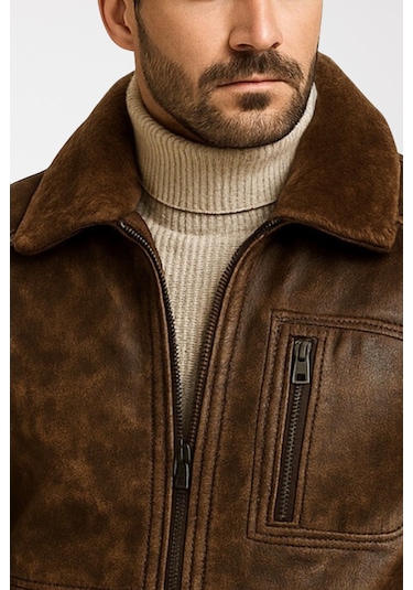 Derije Carlos Hakiki Deri Erkek Vintage Seyar Kürk Yaka Mont Kahverengi