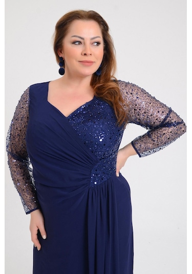 Lilas Xxl Kadın Büyük Beden Şifon Uzun Abiye Elbise 9651 Lacivert Lacivert