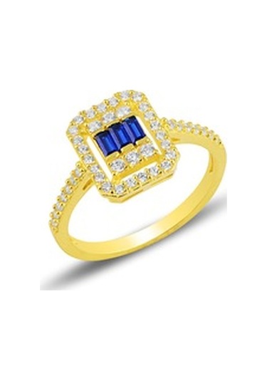 Gümüş Altın Yaldızlı Baget Kesim Safir Taşlı Çizgili Üçlü Set