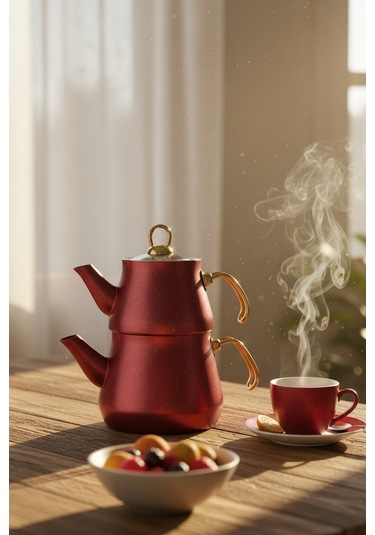 Yunusoğlu Home Granit Kaplama Gold Kulplu Cam Kapak Çaydanlık Bordo Bordo-gold