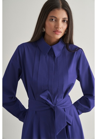 Mizalle Premium Saf Pamuk Lacivert Piliseli Uzun Elbise Lacivert