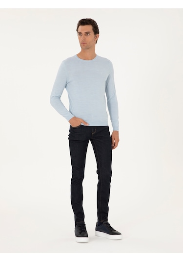 Cacharel Açık Mavi Slim Fit Yün Karışımlı Bisiklet Yaka Basic Triko Kazak Denım