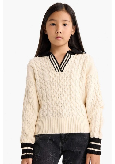 Defacto Kız Çocuk Polo Yaka Kazak G1626a825auer68 Ekru