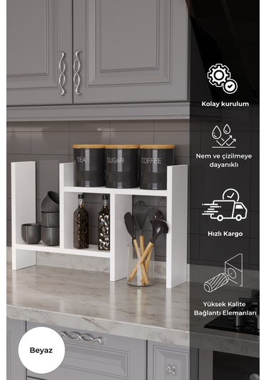 Lidya Çok Amaçlı Raf Mutfak Tezgah Üstü Organizer Banyo Mutfak Düzenleyici Beyaz Beyaz