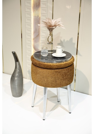 Bella Metal Ayaklı Sehpalı Teddy Kumaş Sehpa&puf Krom - Turuncu