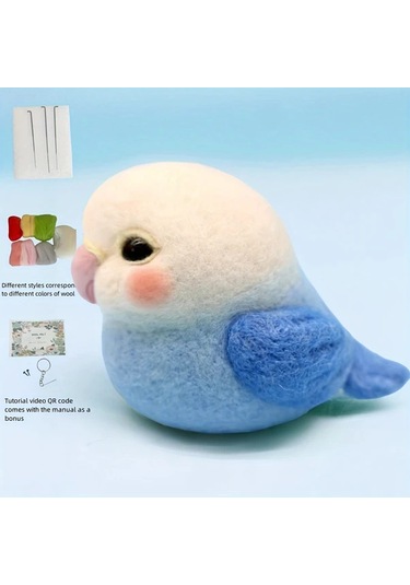 Hightower Mavi Tüylü Papağan İğneleme Keçe Seti - Yeni Başlayanlar İçin Qr Kodlu El Yapımı Oyuncak Mavi