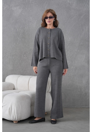 Kadın Bisiklet Yaka Düğme Kapama Kaşkorse Ceket Pantolon İkili Triko Takım Antrasit