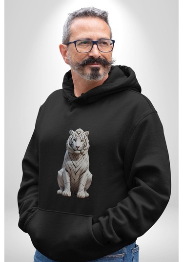 Beyaz Kaplan Kadın Erkek Siyah Kapüşonlu Sweatshirt Hoodie Siyah