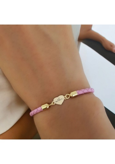 Archin Anne Temalı 14 Ayar Altın Plakalı Pembe Derili Kalp Figürlü Hediye Bileklik-473sembol Anne