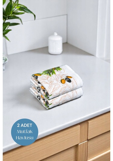 2li Paket Baskılı Beyaz Mutfak Havlusu Modeli Zeytin