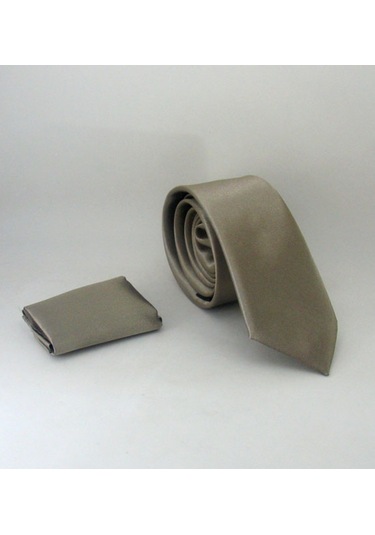 Vizon Slim Fit Düz Renk Mendilli Saten Kravat - SS-11 Diğer Çok Renkli