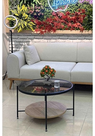 Nordic Orta Sehpa Temperli Cam 75 Cm Demonte Çizilmez Kırılmaz Metal Çerçeve Raflı Minimalist Sehpa - Atlantik Çam Atlantik Çam