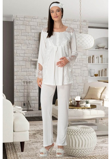 Mecit 5355 Ekru Lohusa Sabahlık Pijama Gecelik Takım