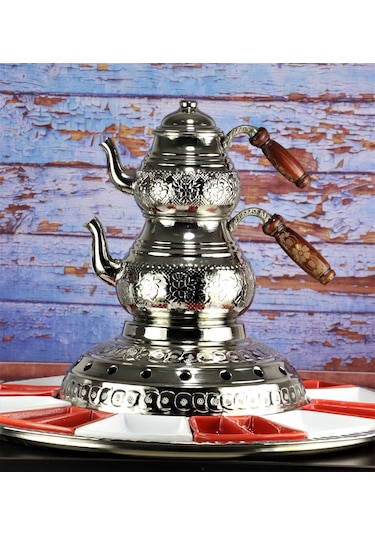 Sultan Nikel Kaplama Isıtıcılı Bakır Çaydanlık ve Kahvatı Seti