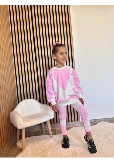 Kız Çocuk Slogan Yazı Detaylı Sweatshirt + Tayt Alt Üst Takım Kalp