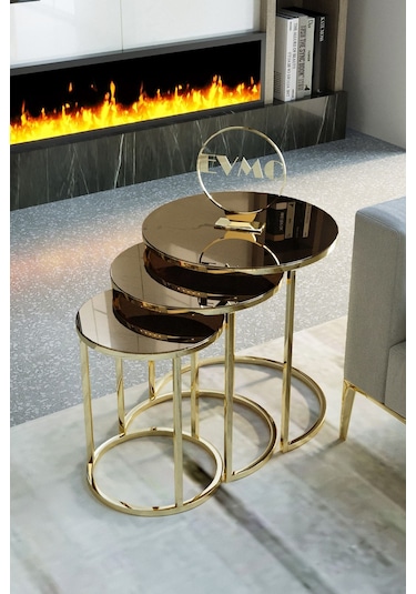 Deepport Liv Aks 3'lü Gold Zigon Sehpa Bronz Aynalı Altın