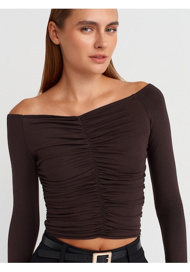Dilvin 32089 Omuzları Açık Büzgülü Top-koyu Kahve Koyu Kahve