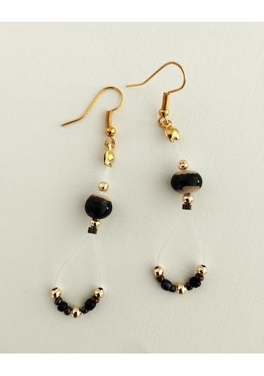 K205 Zarif Sallantılı Küpe Siyah&altın Sarısı Altın - Siyah