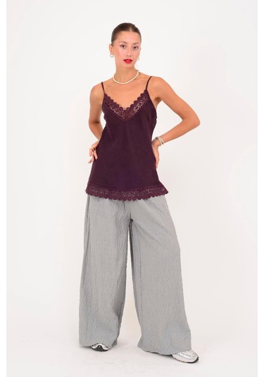 Dantel Detaylı Askılı Keten Bluz-10386 Mürdüm