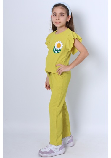 Kız Çocuk İkili Takım Fırfırlı Papatya Nakışlı F11 Yeşil