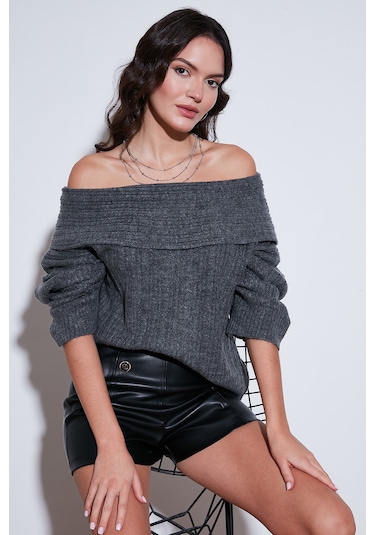 Lela Oversize Fit Madonna Yaka Triko Bayan Kazak 4615216 Antrasit