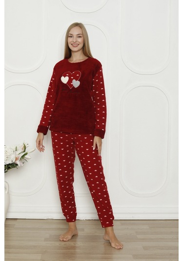 Fawn 3316 Peluş Welsoft Polar Kışlık Yumoş Kalpli Kadın Pijama Takımı Bordo