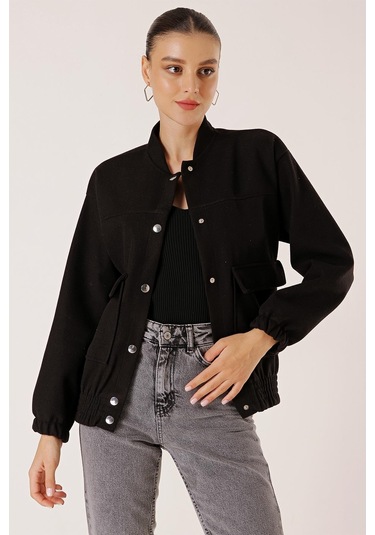 Beli Lastikli Torba Cepli Kaşe Bomber Mont-35004-Siyah