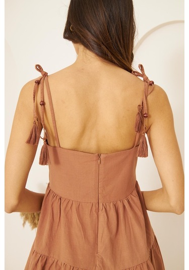 Camel Askısı Boncuklu Püsküllü Eteği Volanlı Mini Elbise Dm1038