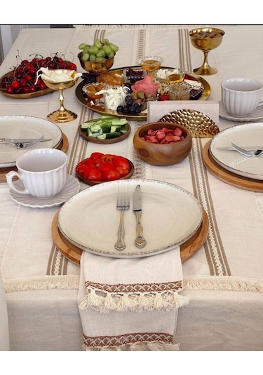 Dnc Home Tekstil Ndchome 8li Amerikan Servis Runner Seti Krem