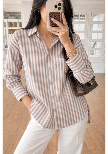 Lijuri Çizgili Oversize Basic Gömlek 3504 Mavi