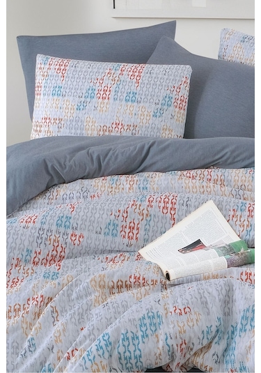 Mystory Home Lastikli Çarşaflı Çift Kişilik Nevresim Takımı Maps Füme - Mavi