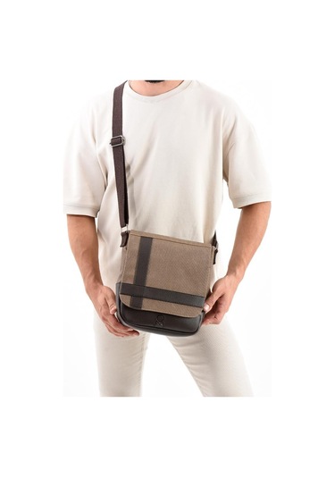 Kanvas Kumaş Tablet Çantası Erkek Postacı Çanta 27 23 Cm Çapraz Askılı Omuz Çantası Vizon