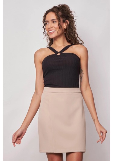 Kadın Hafif Likralı Kumaş Yüksek Bel Anvelop Kruvaze Hafif Mini Kalem Etek-taş Taş