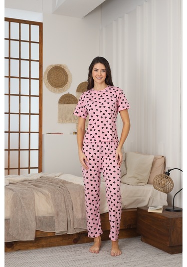 Kadın Yazlık Kısa Kol Penye Süprem Kumaş Pijama Takımı Pembe Siyah