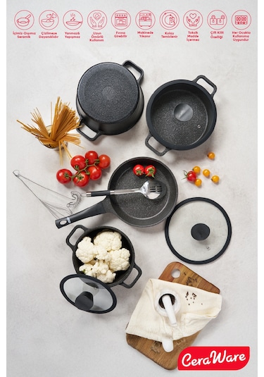 Ceraware Vetta 10 Parça Megastone Kaplama Yapışmaz Tencere Tava Seti