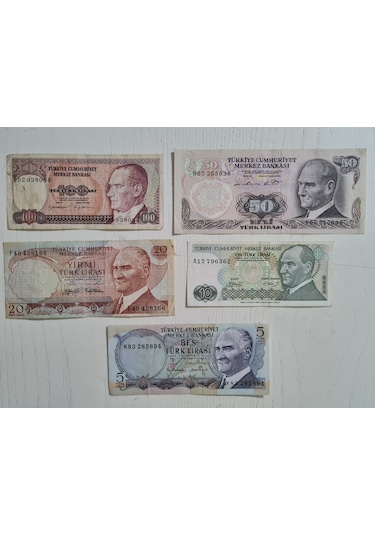 5 Adet Eski Dönem Yerli Banknot Para. 5 10 20 50 Ve 100 Türk Lira
