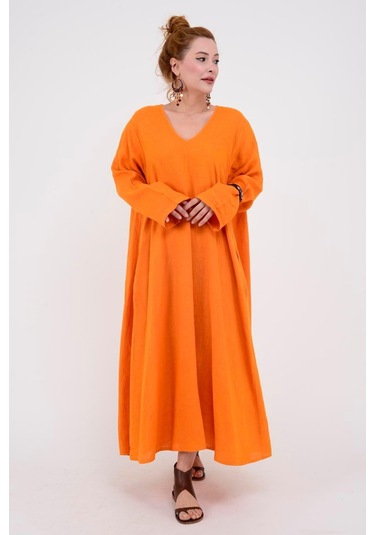İtalyan V Yaka Uzun Kol Keten Elbise-8907 Oranj