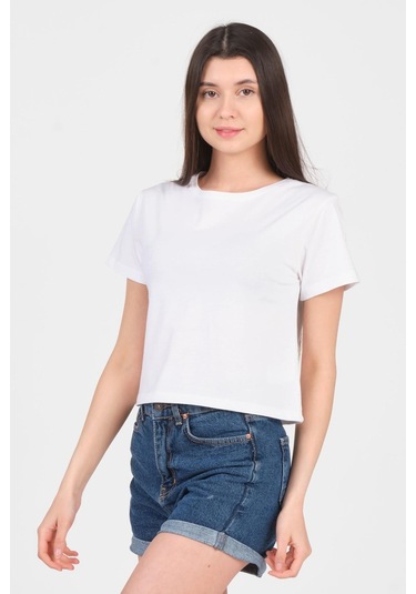 As Collection Beyaz Bisiklet Yaka Kısa Kol Örme Kadın Crop 001