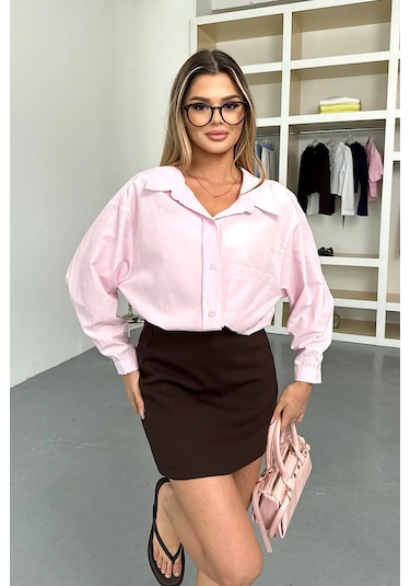 Jee Lee Kadın Uzun Kollu Tek Cepli Salaş Gömlek Pembe - 26y 2131 Pembe