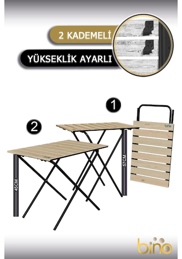 Bino Yükseklik Ayarlı Katlanır Ahşap Kamp Mutfak Piknik Balkon Masası