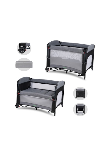 Mastic Anne Yanı Park Yatak Sallanır Oyun Parkı Cibinlikli Yatak Hediyeli 70x110 Cm Gri