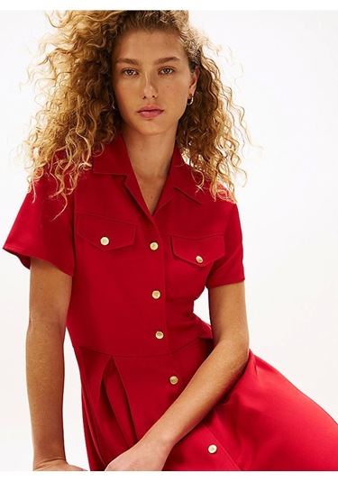 Tommy Hilfiger Kadın Viskon Twill Kısa Kollu Kloş Mini Kırmızı Elbise Ww0ww45819xld Kırmızı