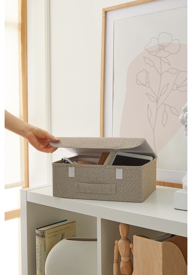 Ocean Home Textile Çekmece İçi Bej Renk Dokulu Kumaş Kapaklı Kutu 30 x 23 x 11 cm