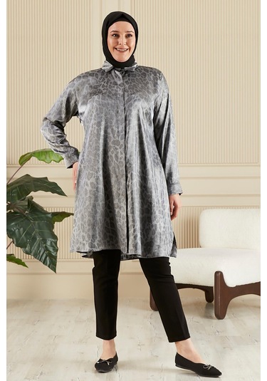 Kadın Tesettür Büyük Beden Leopar Desenli Uzun Gömlek Tunik 001